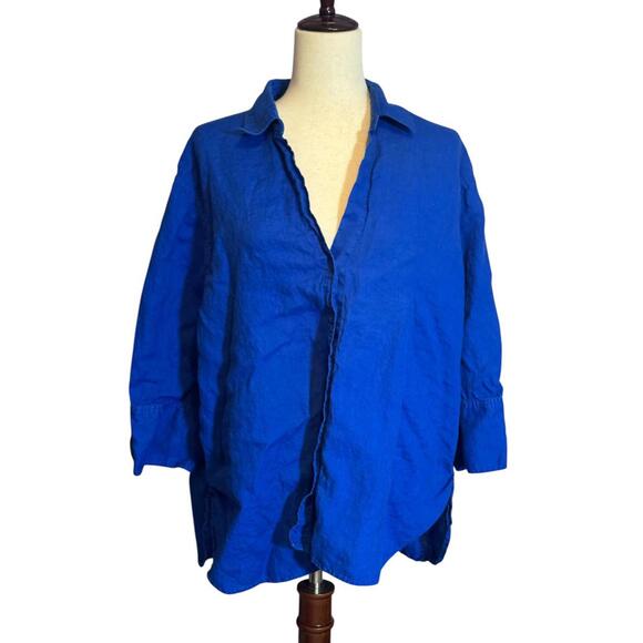 Zara Tops - Zara Blue Linen Button-Up Shirt - Relaxed Fit Long Sleeve XL
